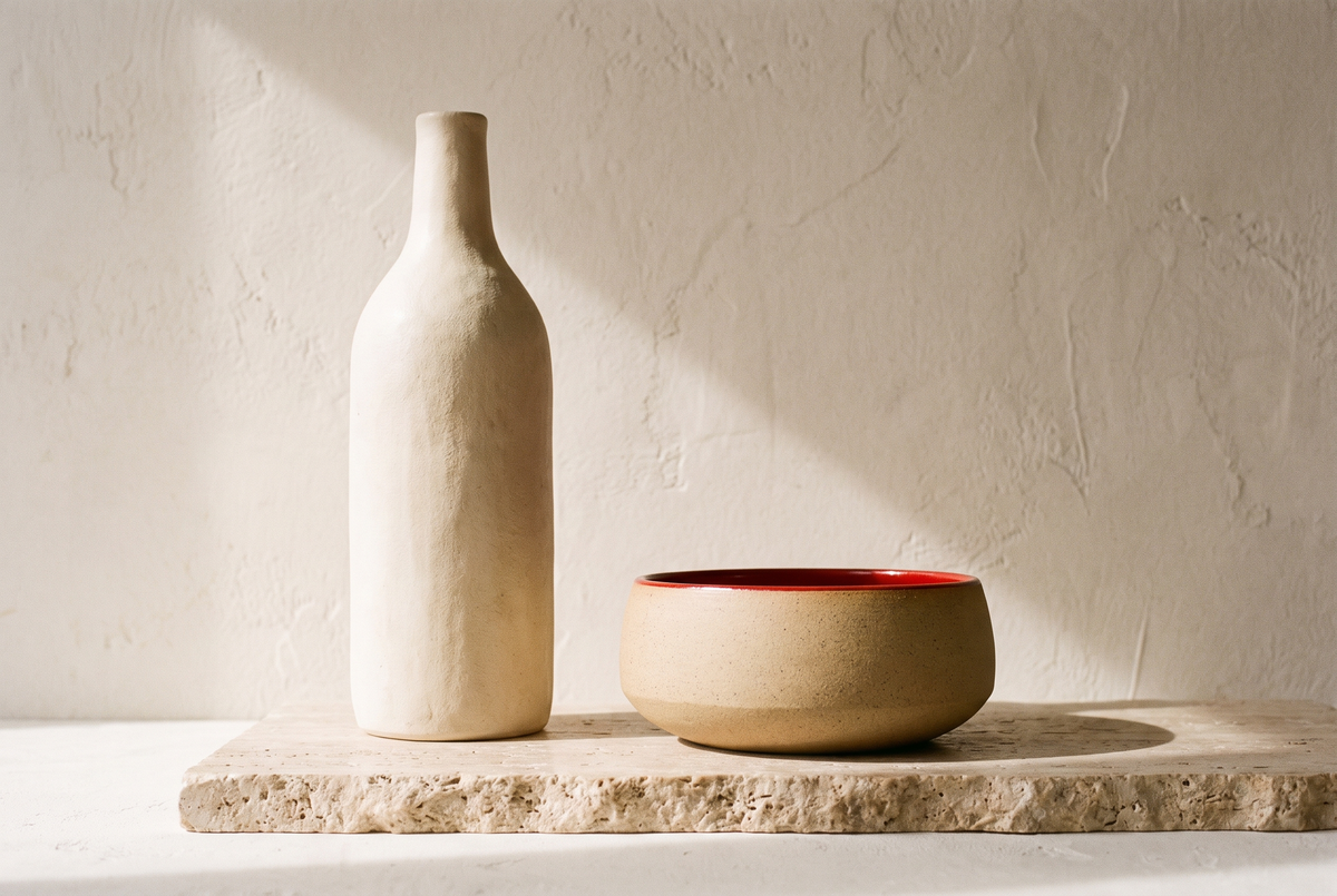 Two ceramic vessels of different shapes side by side on a travertine slab