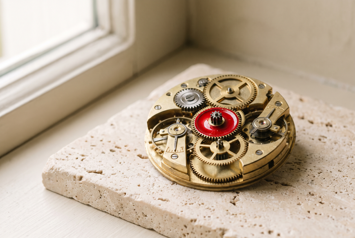 Open brass clockwork mechanism with one red gear on travertine