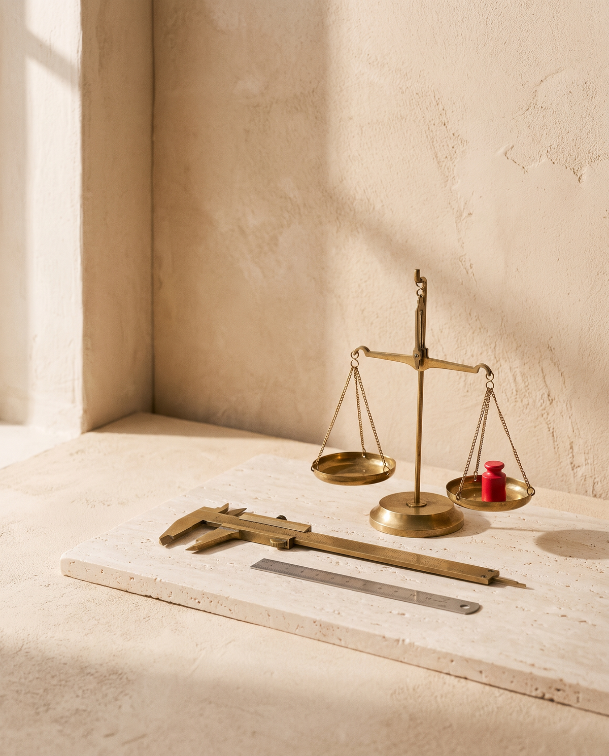 Brass caliper, balance scale and steel ruler on a travertine slab