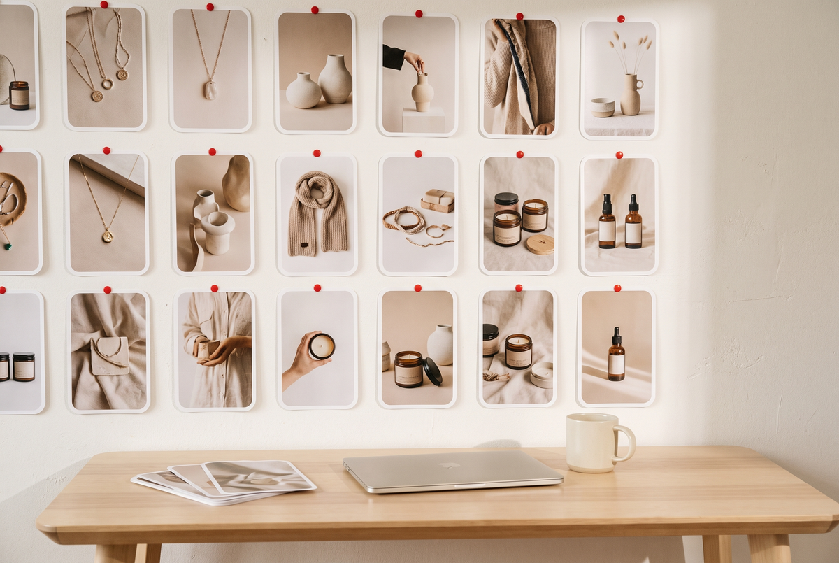 Studio wall covered with a grid of pinned product photographs above an oak desk