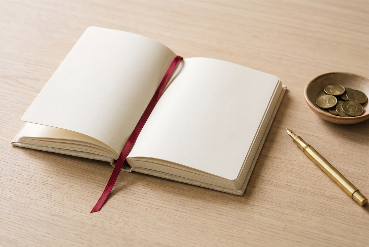 Open linen planner with a brass pen, coins in a ceramic dish and a red ribbon bookmark