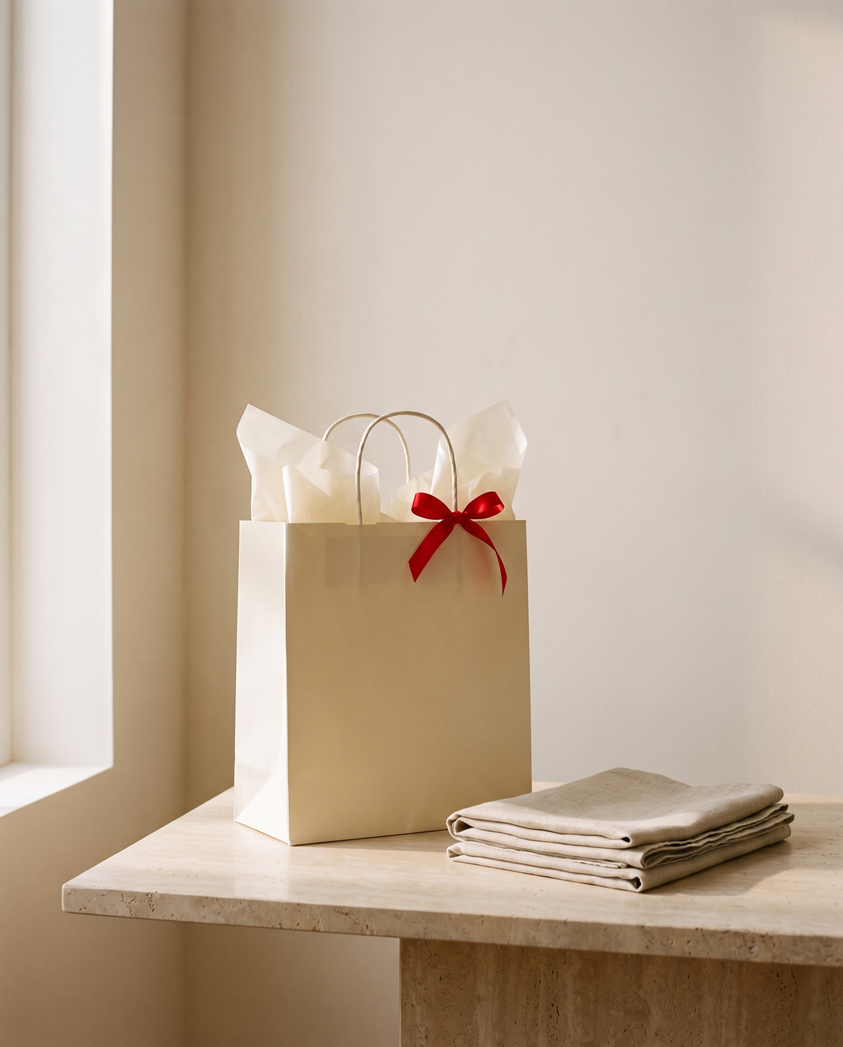 Cream paper shopping bag with tissue paper and a red ribbon on a travertine counter