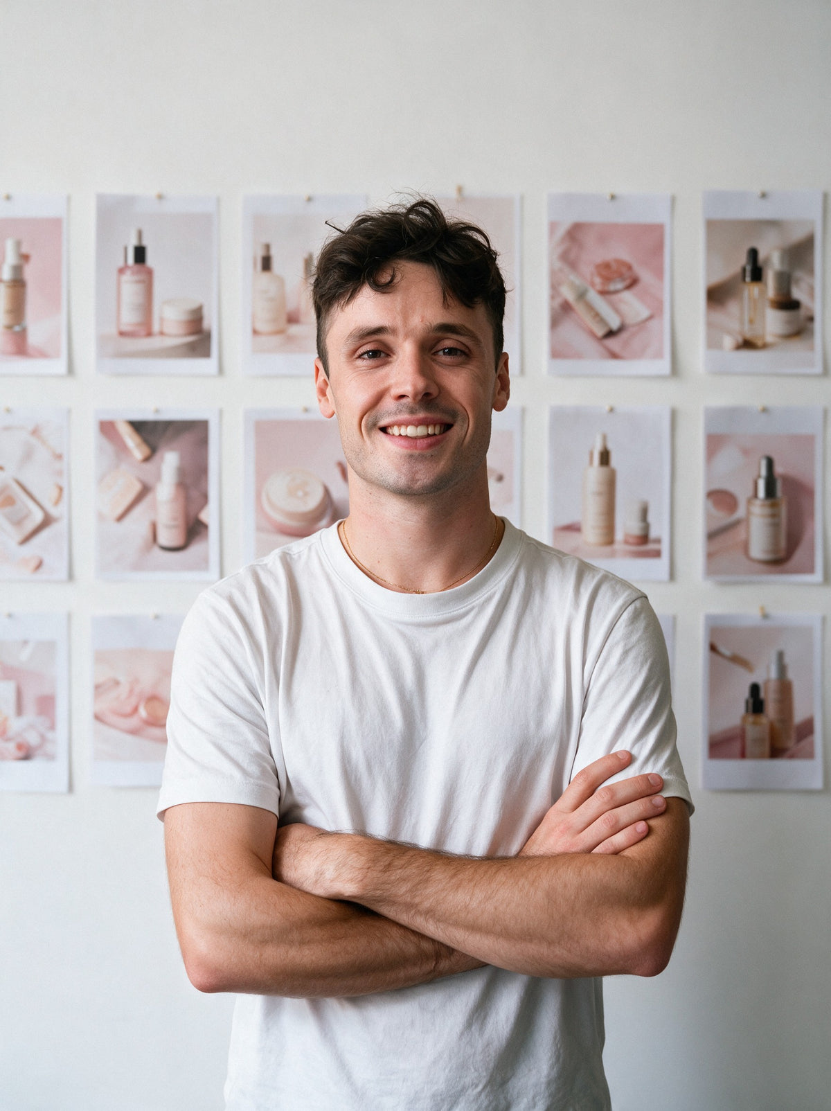 Aurélien, founder of Scalypin, in front of a wall of pinned beauty product photos