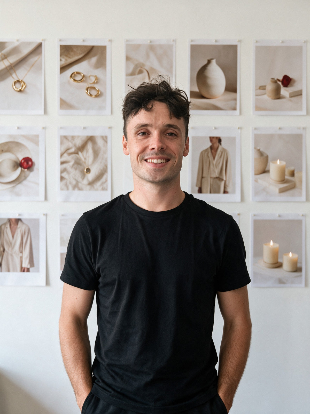 Aurélien, founder of Scalypin, in front of a wall of pinned product visuals