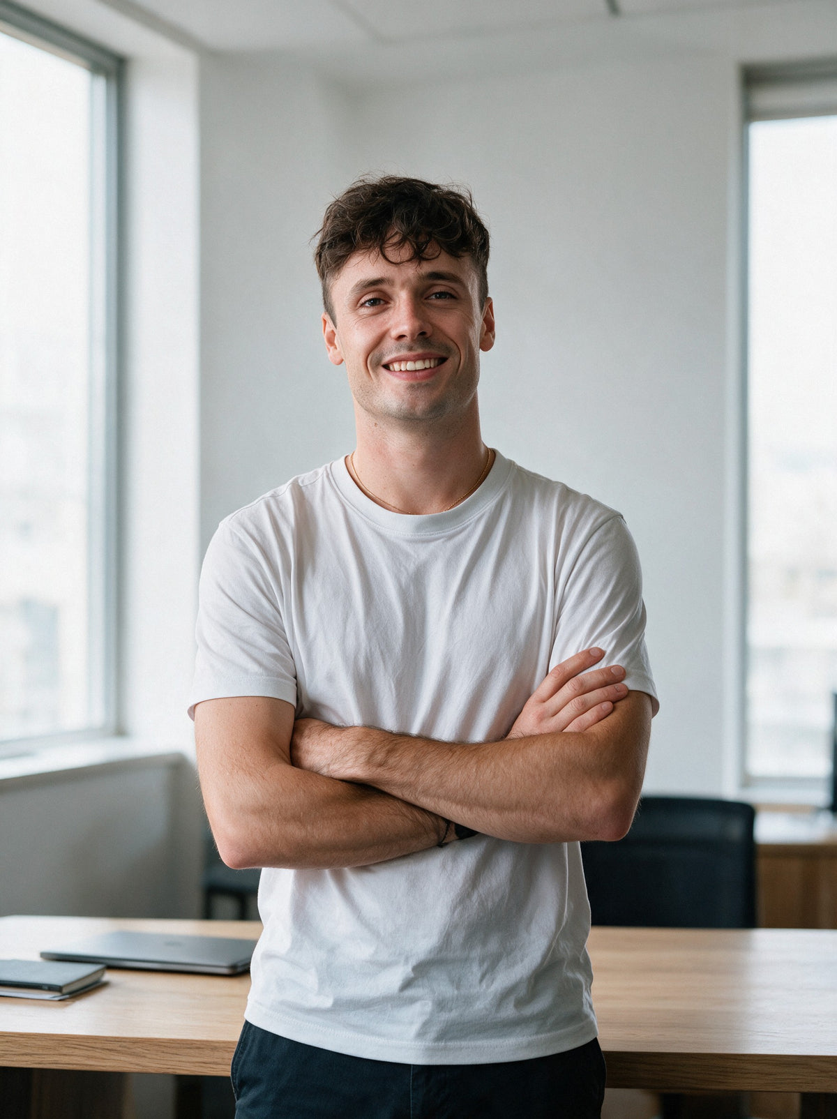 Aurélien, founder of Scalypin, standing behind a light oak desk in a minimalist office