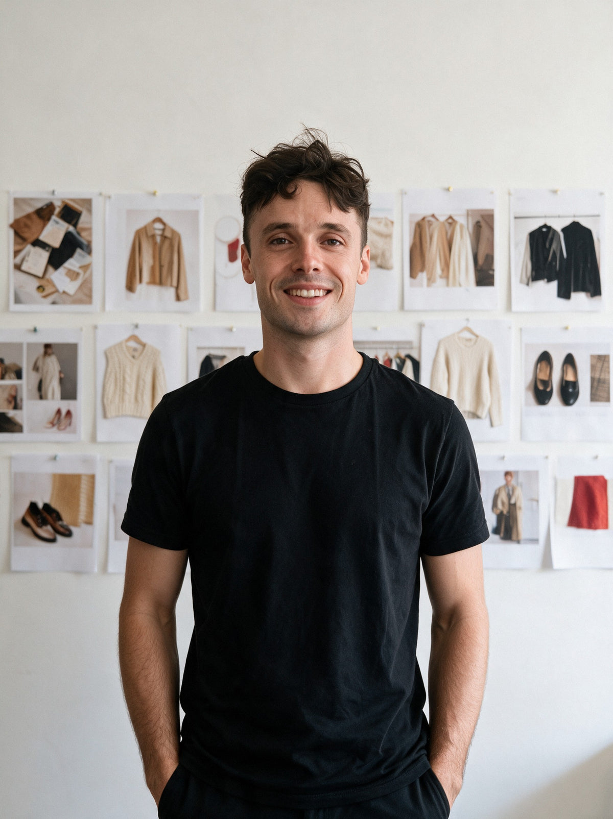 Aurélien, founder of Scalypin, in front of a wall of pinned fashion photos