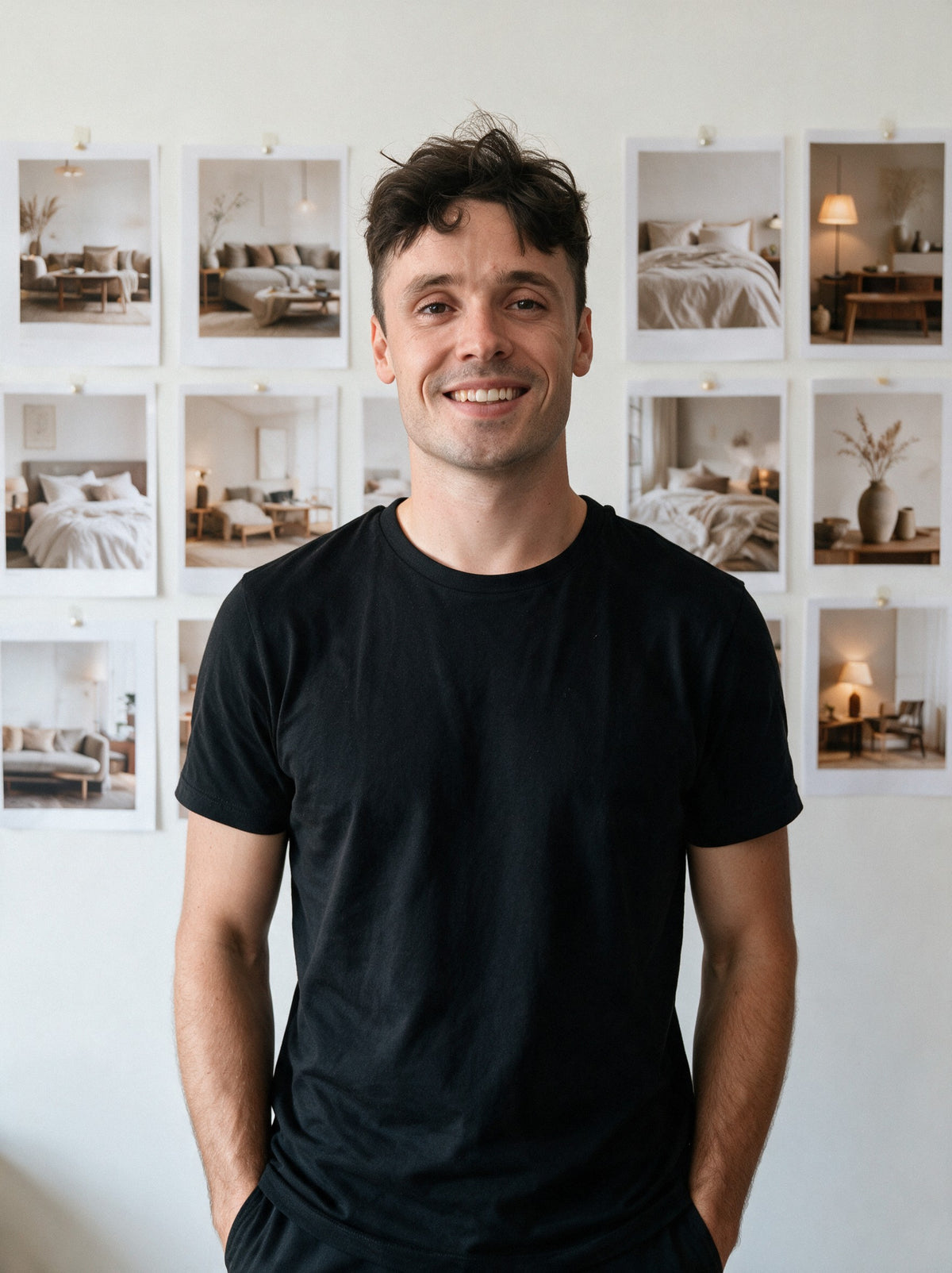 Aurélien, founder of Scalypin, in front of a wall of pinned home decor photos