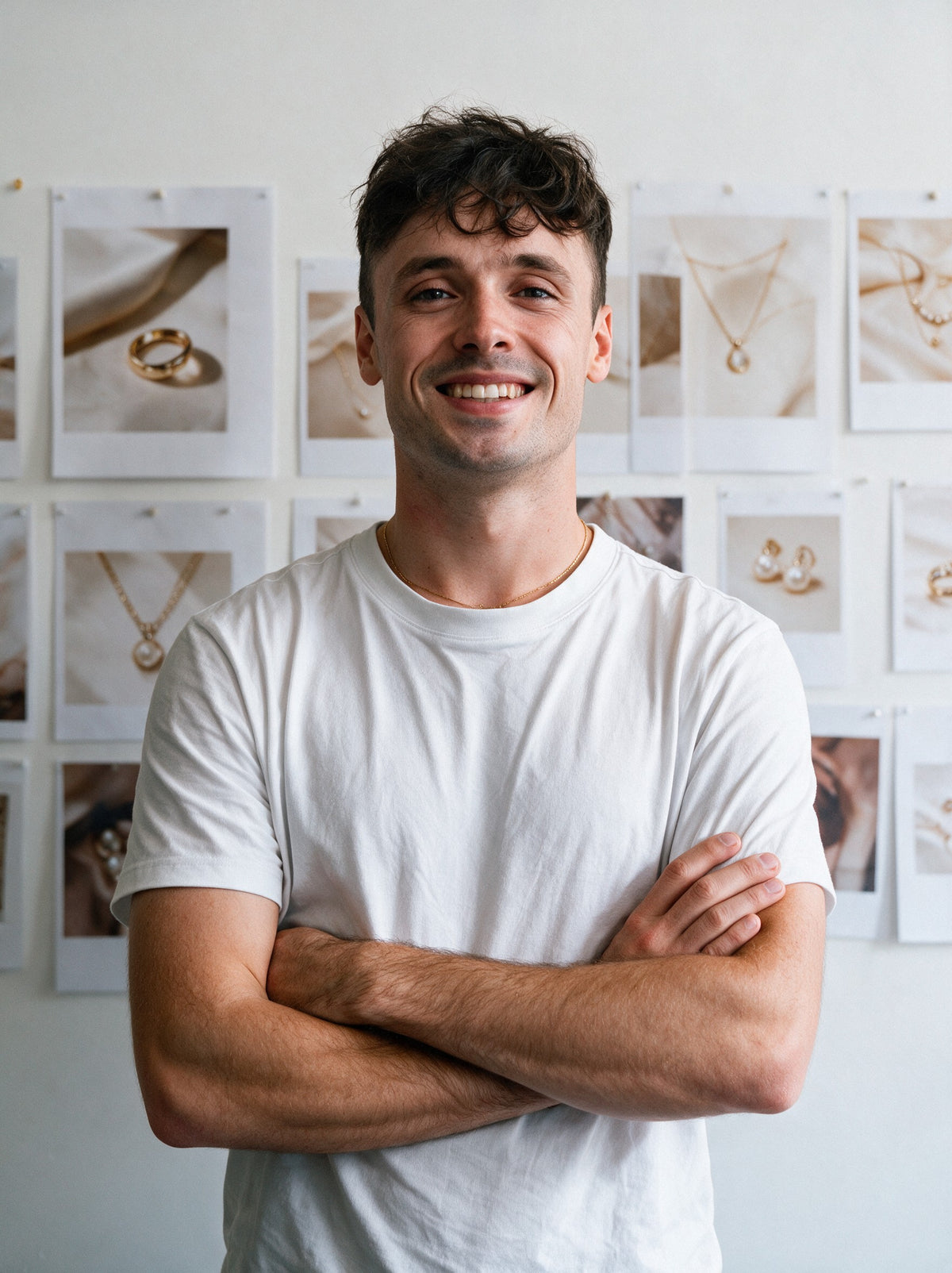 Aurélien, founder of Scalypin, in front of a wall of pinned jewelry photos