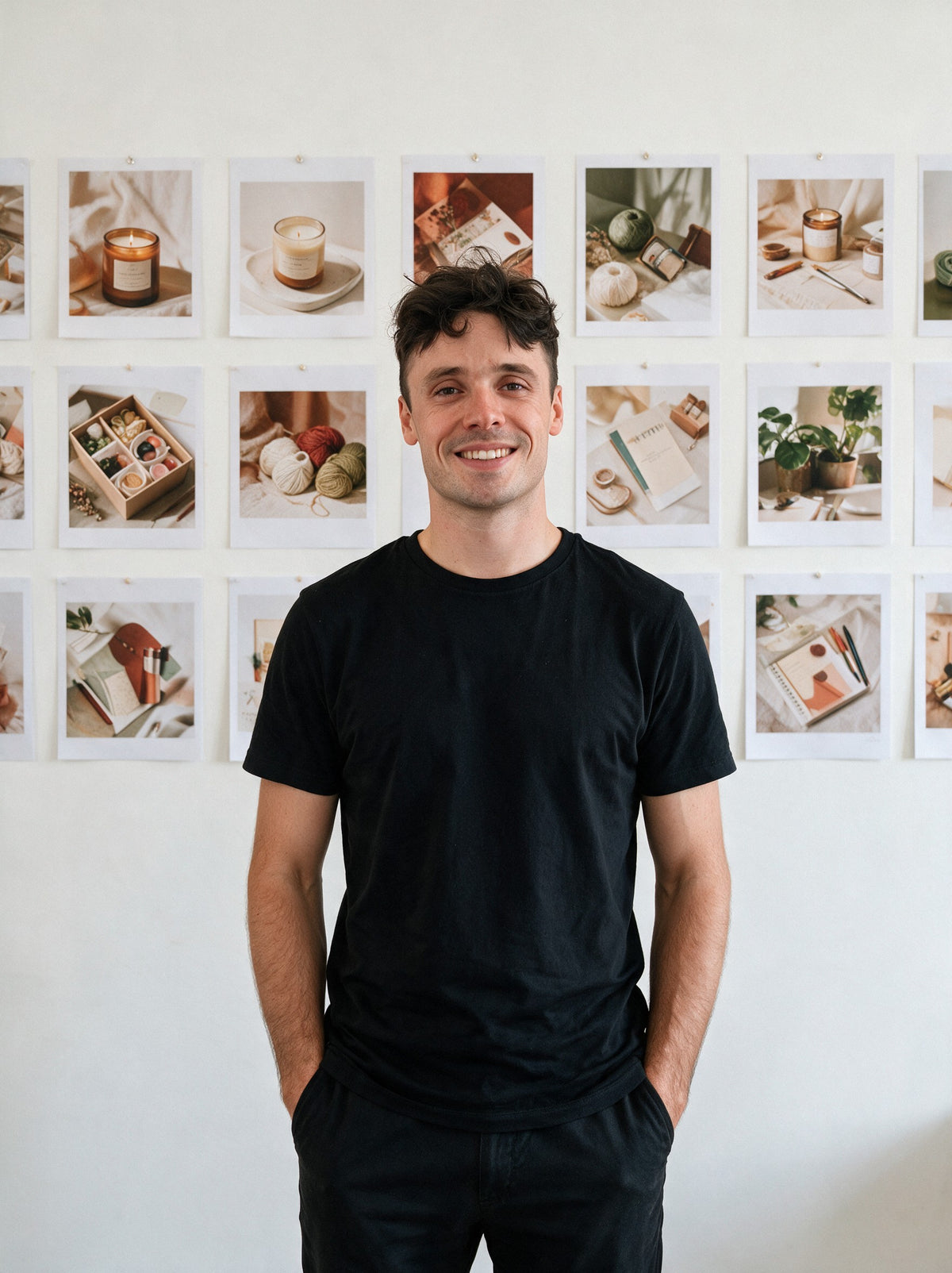 Aurélien, founder of Scalypin, in front of a wall of pinned lifestyle and craft photos