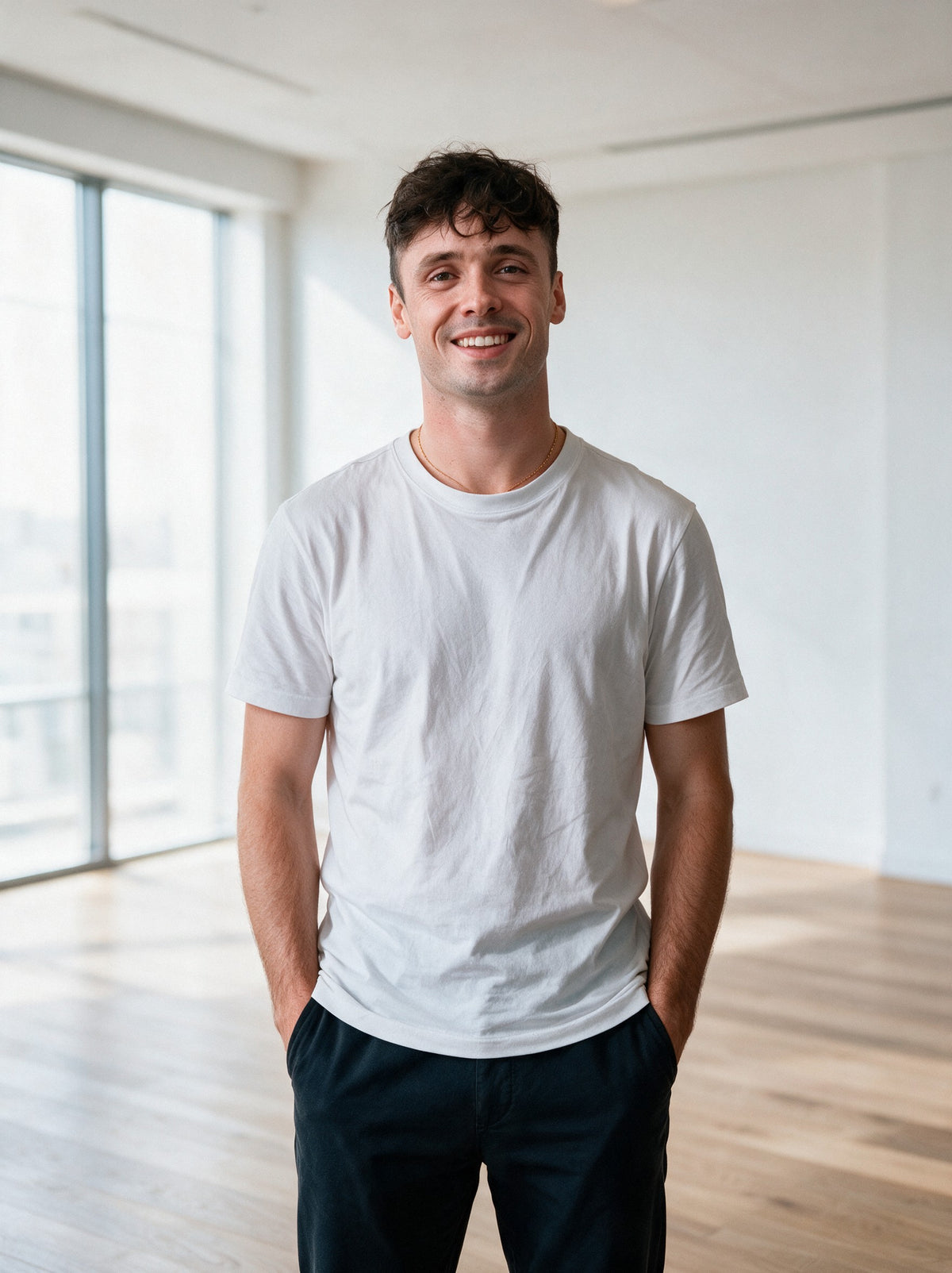 Aurélien, founder of Scalypin, in a bright minimalist office with floor-to-ceiling windows