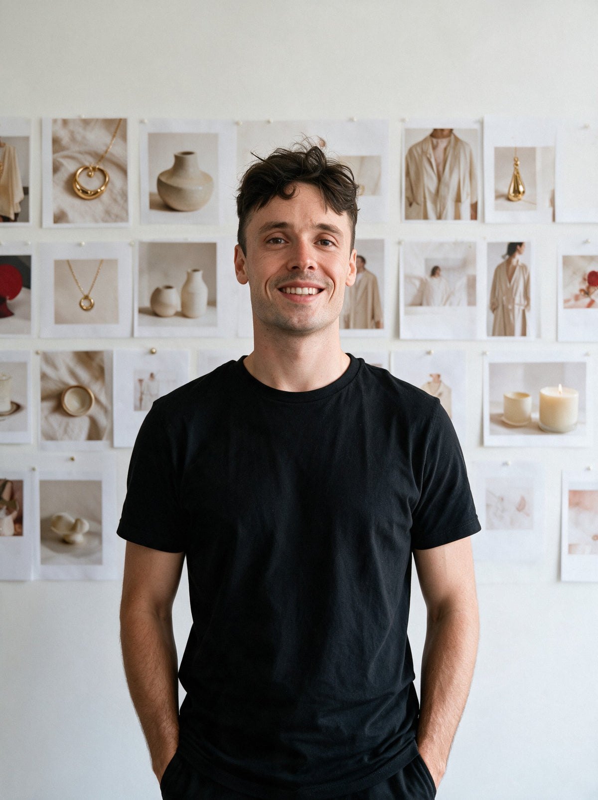 Aurélien, founder of Scalypin, in front of a wall of pinned product photos from several categories