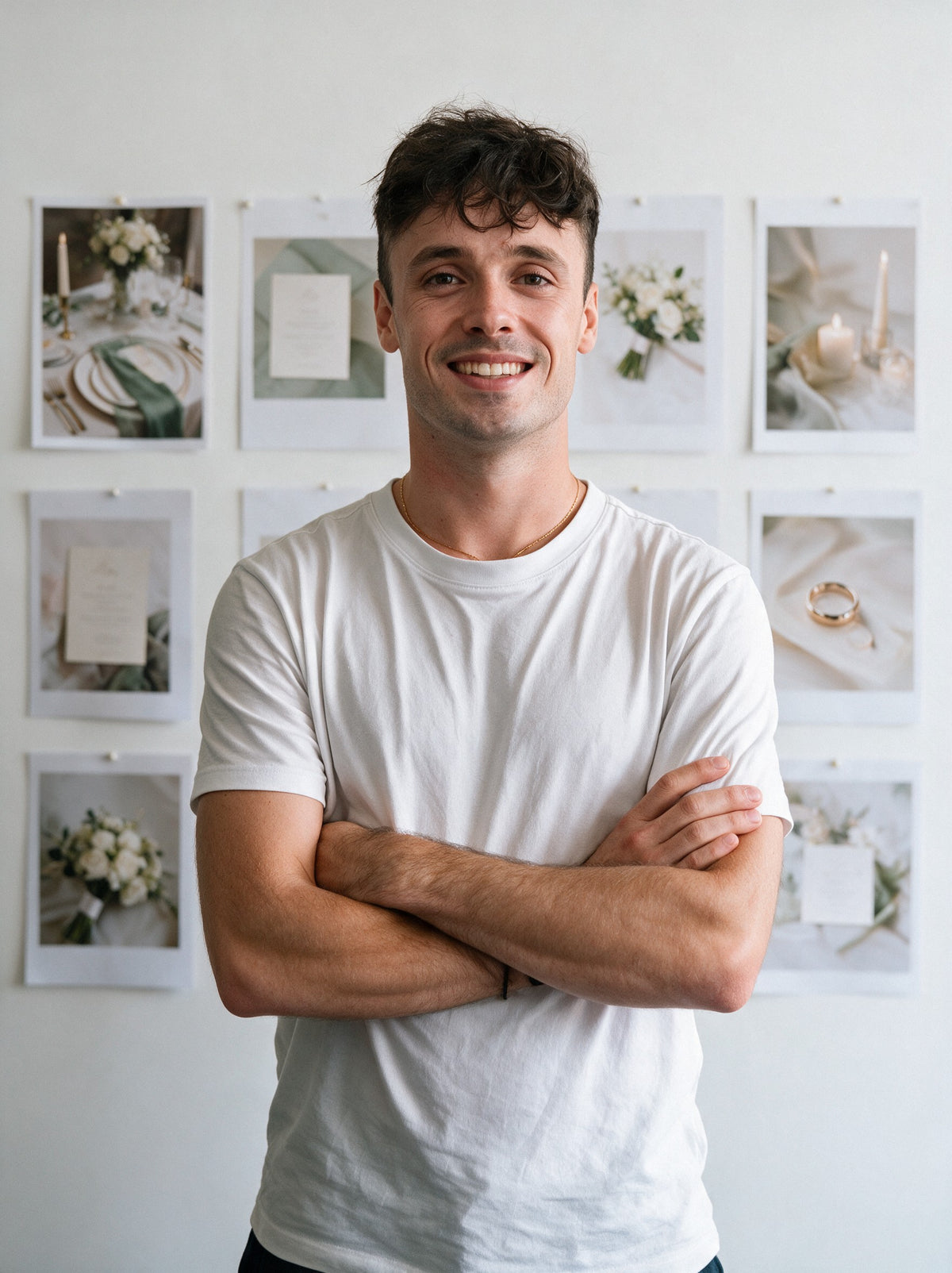 Aurélien, founder of Scalypin, in front of a wall of pinned wedding photos