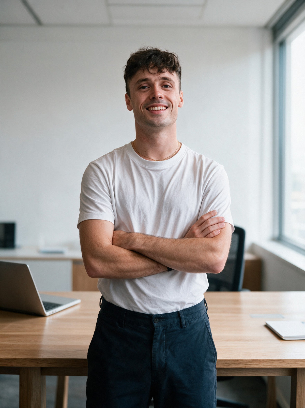 Aurélien, founder of Scalypin, standing behind his desk in a minimalist office