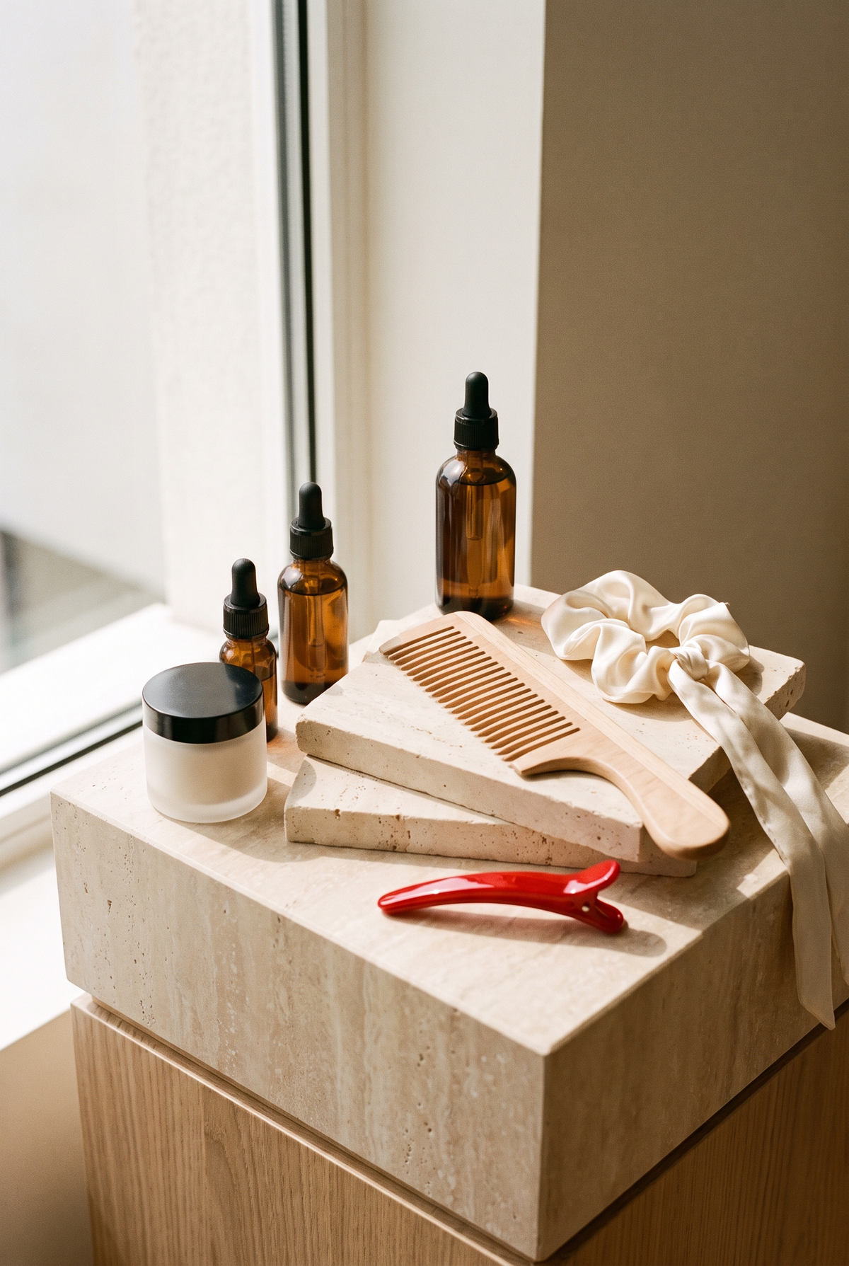 Amber dropper bottles, a wooden comb and a red hair clip on stone plinths