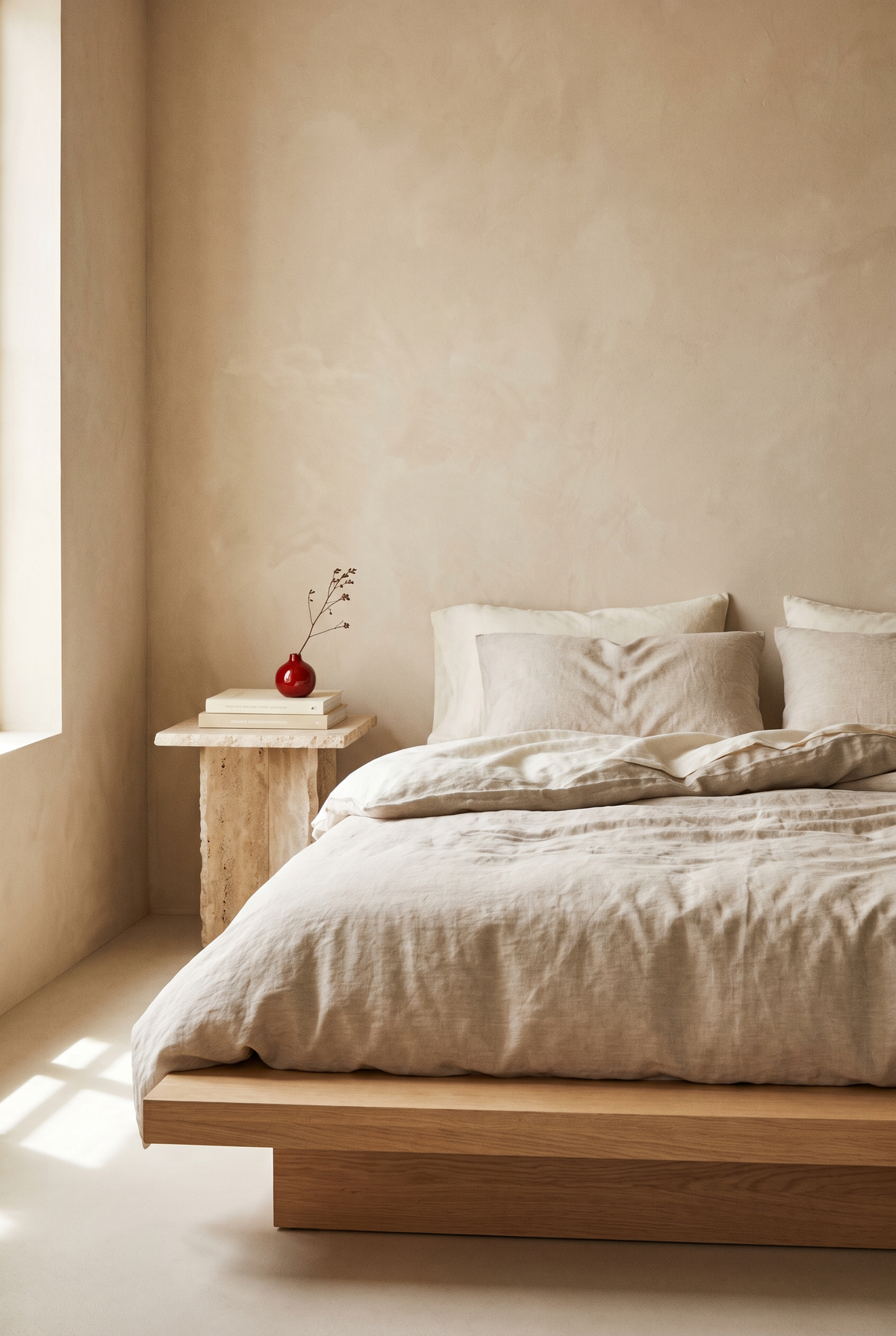 Oat linen bedding on an oak platform bed with a small red bud vase