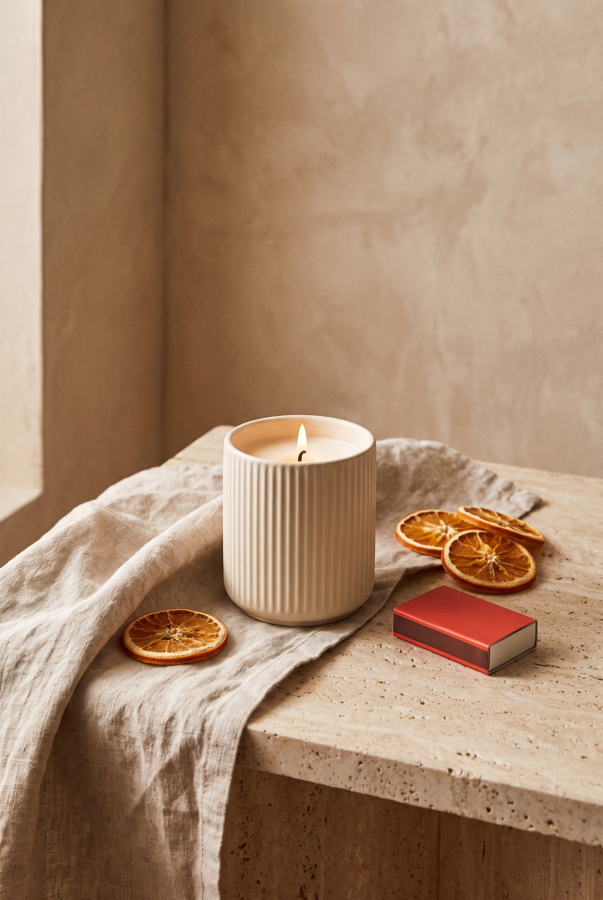Lit candle in a ribbed ceramic vessel beside a linen napkin and dried orange slices