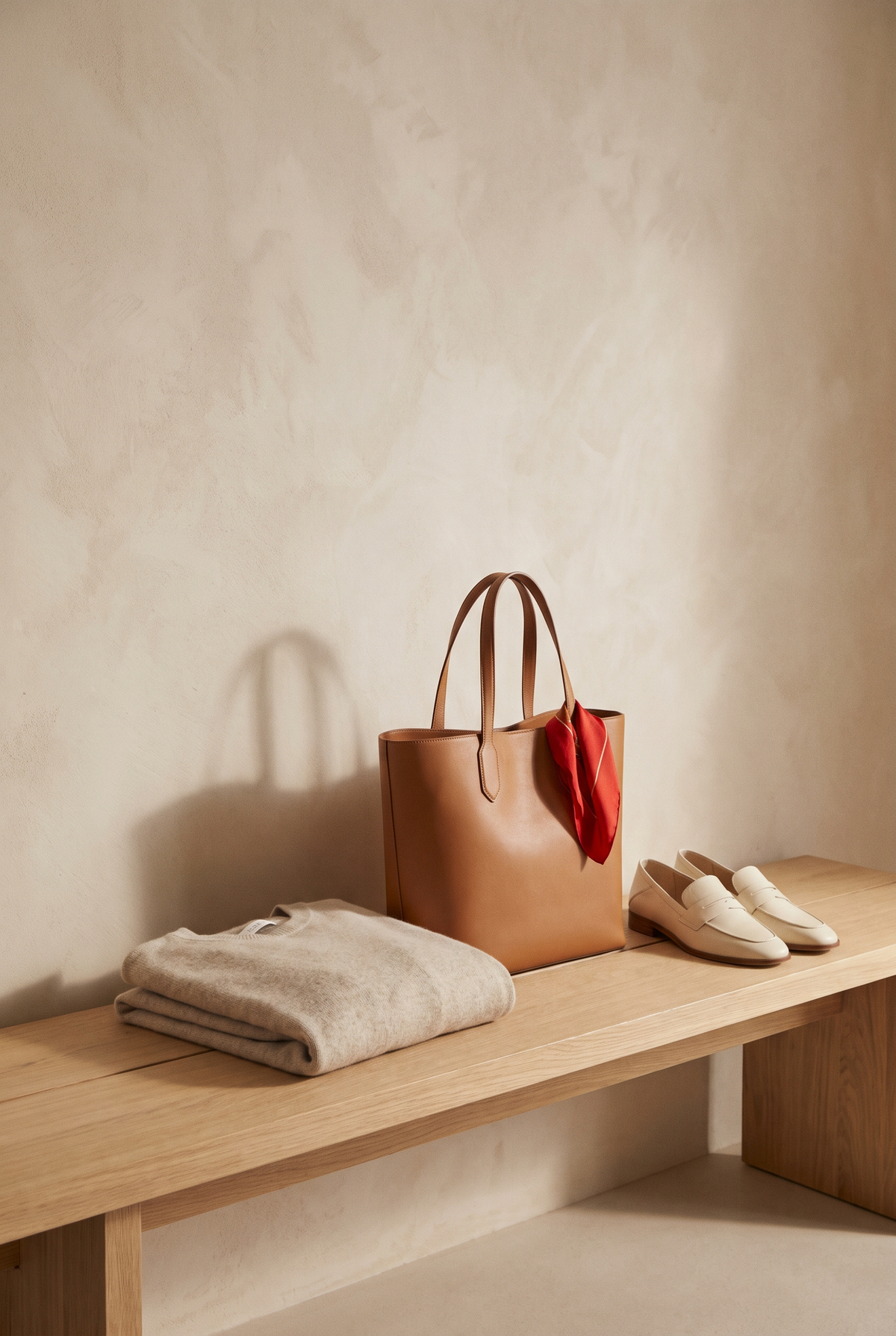 Folded cashmere sweater, leather tote and cream loafers on an oak bench