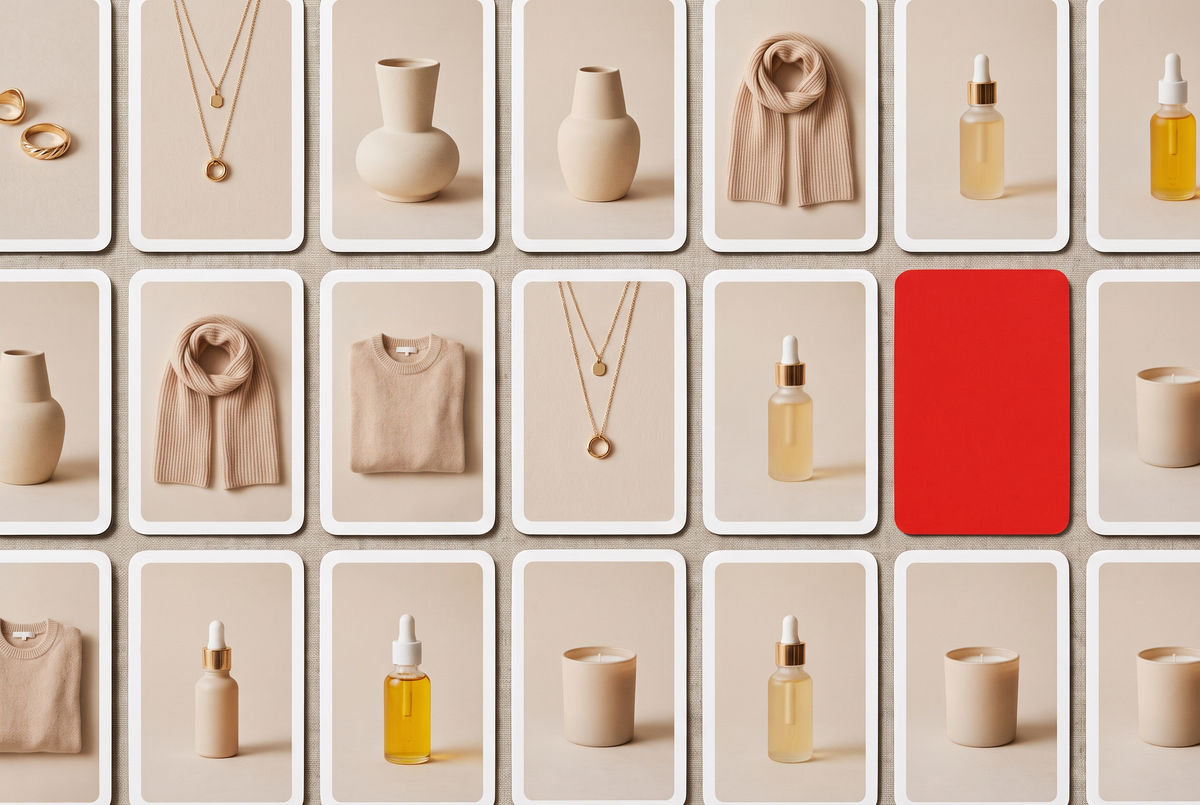 Printed product photo cards arranged in a masonry grid on a linen tablecloth
