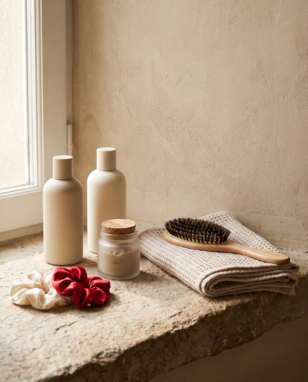 Haircare routine with unlabeled bottles, a towel, a brush and a red silk scrunchie