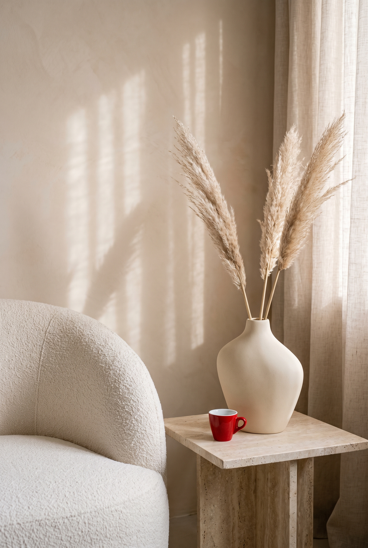 Cream ceramic vase with dried pampas on a travertine side table next to a boucle chair