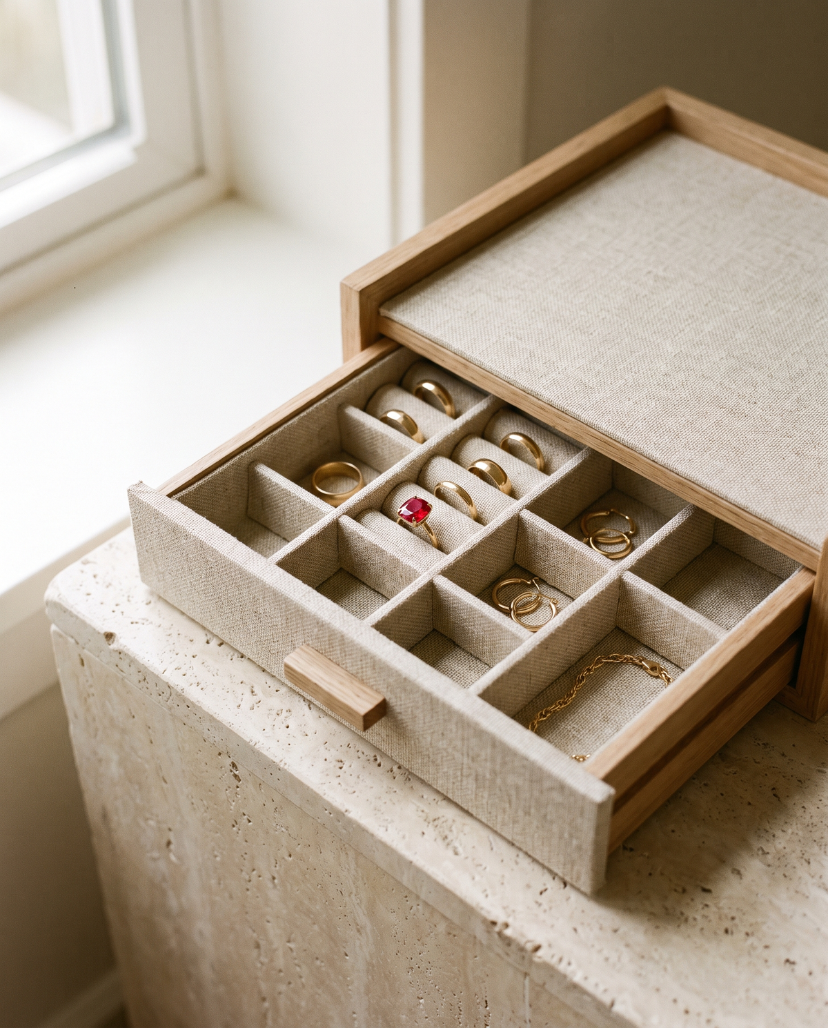 Open jewelry box drawer with gold rings, hoops and a red gemstone ring