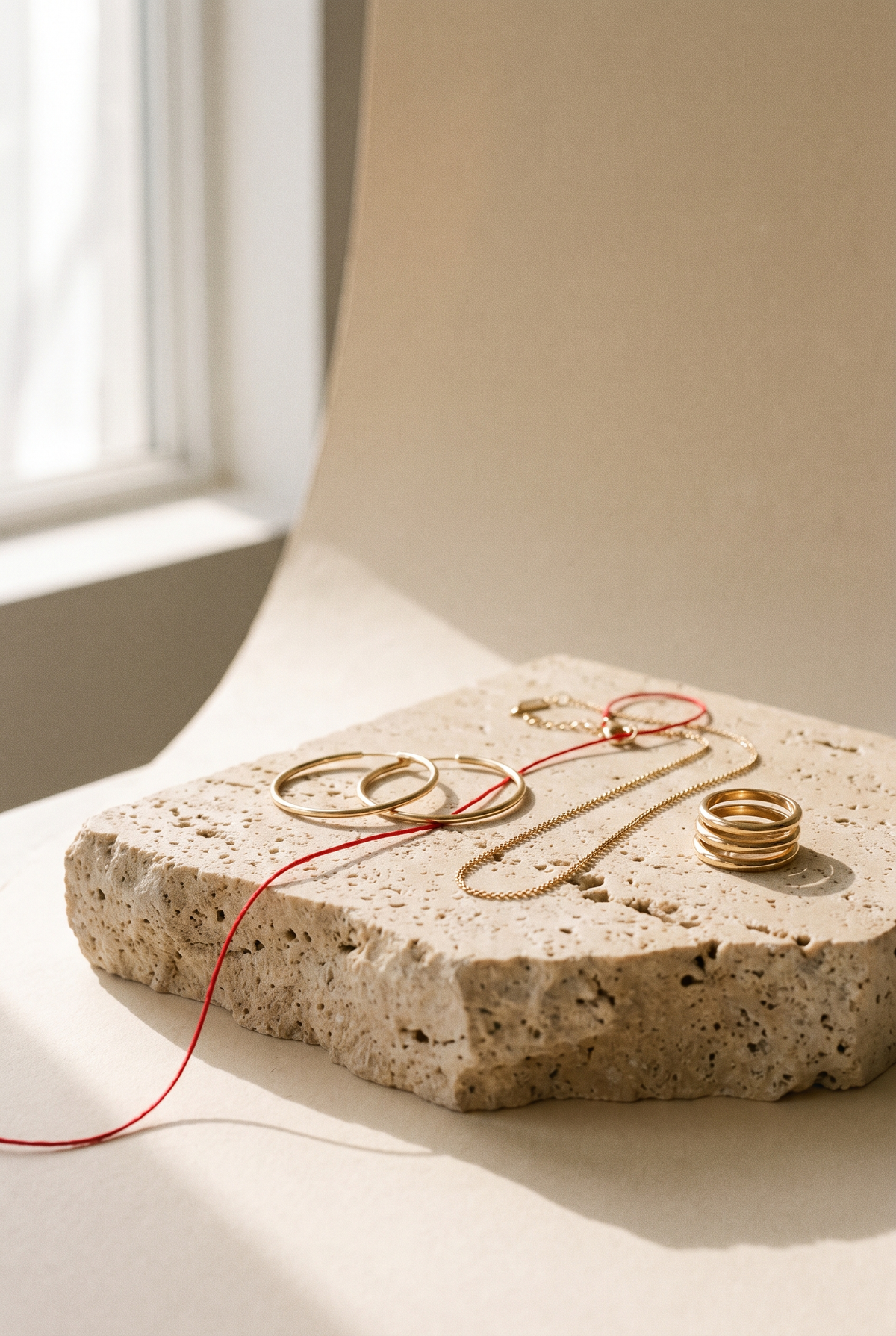 Gold hoop earrings, a fine chain necklace and stacked rings on a travertine block