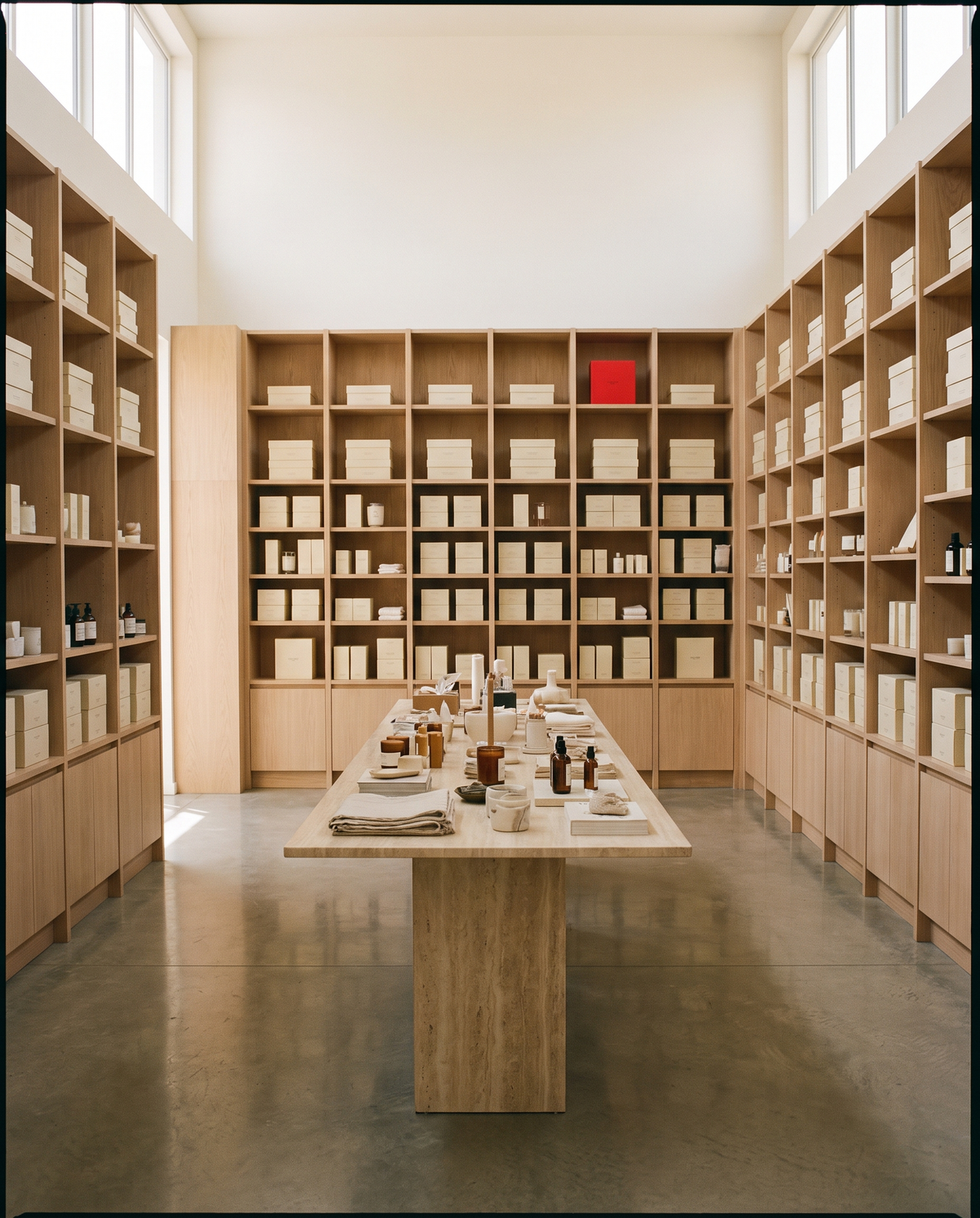 Bright brand showroom and stockroom with oak shelving and organized product boxes