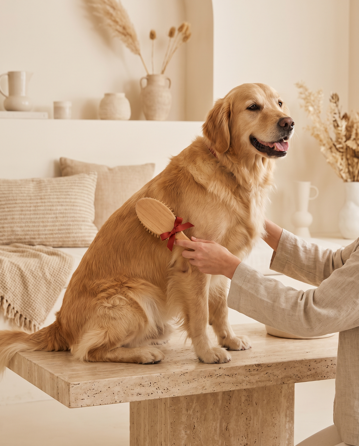 Golden retriever being brushed with a wooden grooming brush