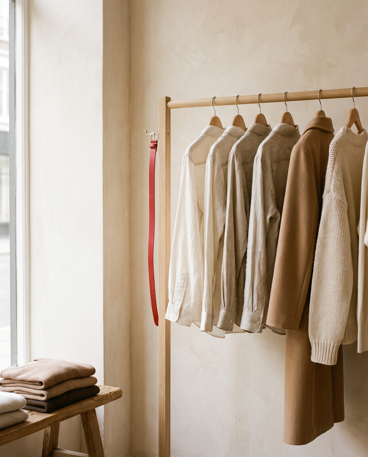 Oak clothing rail with linen shirts, a camel coat and a red belt