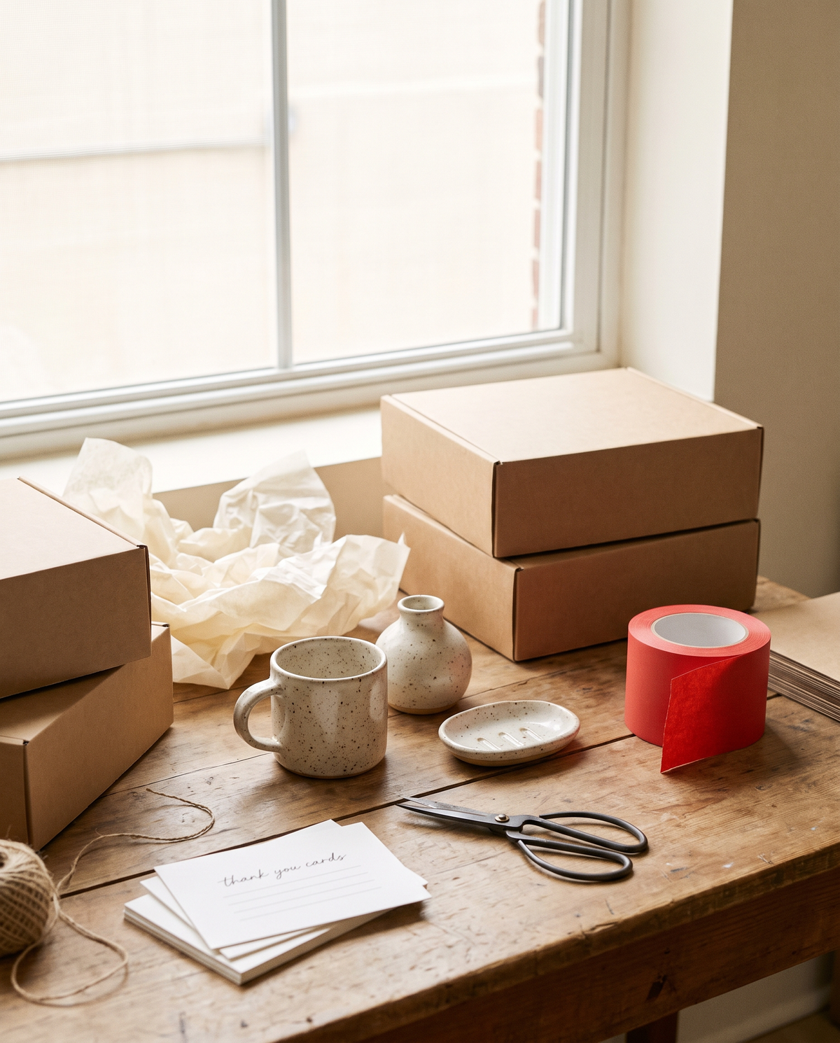 Small brand packing table with kraft boxes, tissue paper and red tape