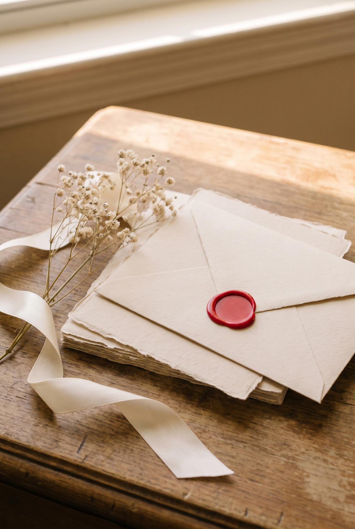 Blank wedding invitations with a red wax seal, satin ribbon and dried flowers
